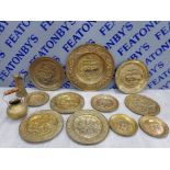 11 LARGE BRASS PLATES FEATURING SHIPS AND GATHERINGS WITH KETTLE AND JUG