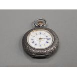 LADIES SILVER SMALL POCKET WATCH WITH WHITE DIAL AND BLUE ROMAN NUMERAL HOUR MARKERS WITH GOLD EDGES