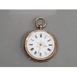 9CT GOLD HALF HUNTER SMALL CIRCLE POCKET WATCH WITH WHITE DIAL WITH BLACK ROMAN NUMERALS WITH GOLD