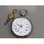 LADIES SILVER POCKET WATCH WITH WHITE DIAL WITH FLORAL DESIGN BLACK ROMAN NUMERAL HOUR MARKERS