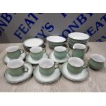 25 PIECE DENBY PART TEA SERVICE WITH CUPS, SAUCERS, MILK JUG, SUGAR BOWL AND BOWLS