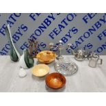 MIXED ITEMS INCLUDING SILVER PLATED CANDLESTICK HOLDER, SILVER PLATED DISH, STAINLESS STEEL COFFEE