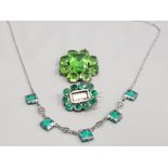 GREEN PASTE SET NECKLET PENDANT AND BROOCH