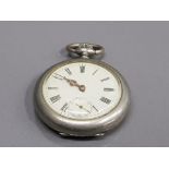 SILVER POCKET WATCH WITH WHITE DIAL WITH BLACK ROMAN NUMERAL HOUR MARKERS WITH CHRONO