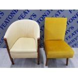 2 UPHOLSTERED BEDROOM CHAIRS ONE WITH OAK FRAME AND ANOTHER WITH A RETRO TEAK FRAME