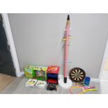 MIXED KIDS ITEMS INCLUDES WOODEN PENCIL COAT RACK, BOOKS, CARS SIDE TABLE ONE DRAW, GOLF BALLS AND