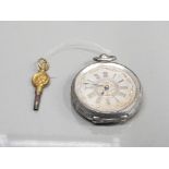 LADIES SILVER HALF HUNTER POCKET WATCH WITH SILVER DIAL AND GOLD PLATED ROMAN NUMERAL HOUR MARKERS