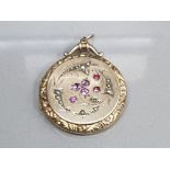 GOLD PLATED ORNATE LOCKET WITH PEARL AND RUBY STONES SET ON THE FRONT OF THE LOCKET WITH SCROLL EDGE