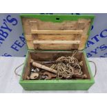 BOX OF VINTAGE TOOLS INCLUDING HAMMERS, SPANNERS AND A BRASS GAUGE ETC