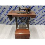 ANTIQUE VARLEY AND CO TREADLE SEWING MACHINE WITH WOODEN COVER