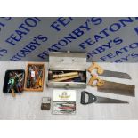 COLLECTION OF VINTAGE TOOLS IN METAL TOOLBOX INCLUDES HAMMERS, SAWS AND SCREWDRIVERS ETC