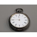 SILVER HALF HUNTER POCKET WATCH WITH ENGRAVING CASE WHITE DIAL WITH BLACK ROMAN NUMERAL HOUR