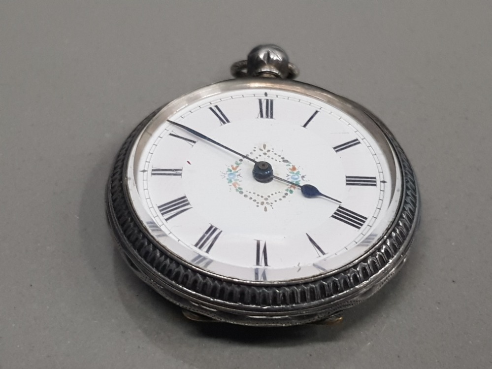 LADIES SILVER HALF HUNTER POCKET WATCH WITH WHITE DIAL WITH FLOWER DESIGN IN THE CENTRE AND BLACK