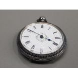 LADIES SILVER HALF HUNTER POCKET WATCH WITH WHITE DIAL WITH FLOWER DESIGN IN THE CENTRE AND BLACK