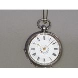 SILVER OPEN FACED POCKET WATCH WITH WHITE DIAL FLOWER PATTERN BLACK ROMAN NUMERALS GOLD PLATED HANDS