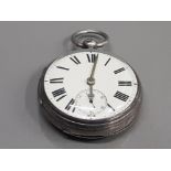GENTS SILVER POCKET WATCH WITH WHITE DIAL AND BLACK ROMAN NUMERAL HOUR MARKERS CHRONO AT 6 POSITION