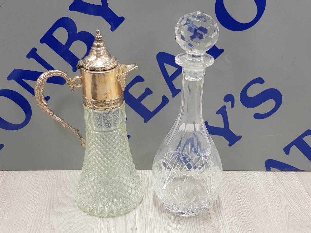 SILVER PLATED TOP CLARET JUG AND ROYAL COUNTRY CUT GLASS DECANTER WITH NICE STOPPER