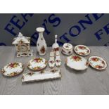12 PIECES OF OLD COUNTRY ROSES BY ROYAL ALBERT INCLUDES TABLE CLOCK, VASE, BELL AND PLATES ETC
