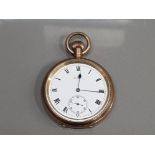 GOLD PLATED HALF HUNTER WALTHAM POCKET WATCH WITH WHITE DIAL AND BLACK ROMAN NUMERAL HOUR MARKERS