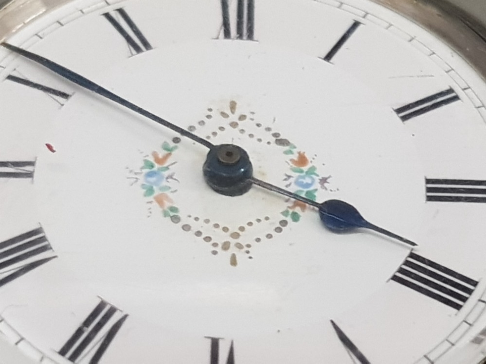 LADIES SILVER HALF HUNTER POCKET WATCH WITH WHITE DIAL WITH FLOWER DESIGN IN THE CENTRE AND BLACK - Image 2 of 4