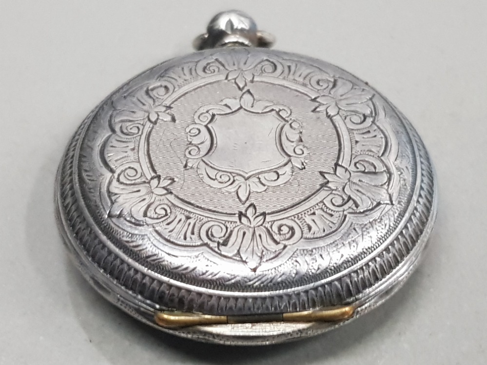 LADIES SILVER HALF HUNTER POCKET WATCH WITH WHITE DIAL WITH FLOWER DESIGN IN THE CENTRE AND BLACK - Image 3 of 4