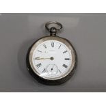 SILVER OPEN FACE AWW CO WALTHAM MASS POCKET WATCH WITH WHITE DIAL AND BLACK ROMAN NUMERAL HOUR