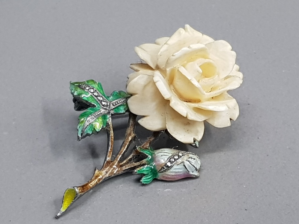 SILVER MARCASITE BONE AND ENAMEL ROSE BROOCH