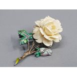 SILVER MARCASITE BONE AND ENAMEL ROSE BROOCH