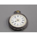 LADIES SILVER POCKET WATCH WITH GOLD PLATED DESIGN ON THE OUTER OF THE DIAL WITH BLACK ROMAN NUMERAL