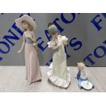 3 NAO BY LLADRO FIGURES INCLUDING A LADY WITH FLOWER BASKET, LADY WITH PINK ROSE AND A SMALL CHILD
