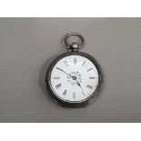 LADIES SILVER OPEN FACE POCKET WATCH WITH WHITE DIAL WITH BLACK ROMAN NUMERAL HOUR MARKERS WITH