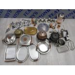 MIXED METAL ITEMS INCLUDING SILVER PLATED SAUCER, PEWTER HAUGRUD NORWAY CADLE STICK HOLDERS,