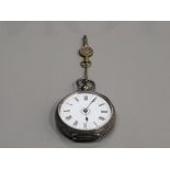 LADIES SILVER HALF HUNTER POCKET WATCH WITH WHITE DIAL WITH FLOWER DESIGN IN THE CENTRE WITH BLACK