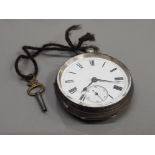 GENTS SILVER POCKET WATCH WITH WHITE DIAL AND BLACK ROMAN NUMERAL HOUR MARKERS AND BLUED HANDS