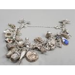 SILVER CHARM BRACELET WITH ASSORTED CHARMS AND SAFETY CHAIN 44.8G