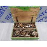 BOX OF VINTAGE TOOLS INCLUDING SPANNERS, WRENCHES AND PLIERS ETC