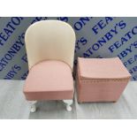 UPHOLSTERED BEDROOM CHAIR WITH MATCHING OTTOMAN WITH BRASS STUDDED DECORATION