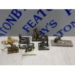 COLLECTION OF FRENCH DECO ANIMAL DESK ORNAMENTS ON MARBLE BASES, ALSO INCLUDES 2 BRASS LIONS