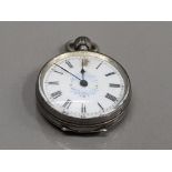 LADIES SMALL SILVER POCKET WATCH WHITE DIAL WITH BLUE FLOWERS IN THE CENTRE WITH BLACK ROMAN NUMERAL
