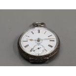 LADIES SILVER POCKET WATCH WITH ENGRAVED OUTER CASS WHITE DIAL WITH FLOWER DESIGN IN THE CENTRE WITH