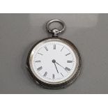 SILVER OPEN FACED BAUME GENEVE POCKET WATCH WITH WHITE DIAL AND BLACK ROMAN NUMERAL HOUR MARKERS