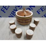 MID CENTURY MODERN GERMAN COVERED POT AND ASSOCIATED POTTERY TUMBLERS