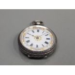 LADIES SILVER HALF HUNTER POCKET WATCH WITH WHITE DIAL AND BLACK ROMAN NUMERAL HOUR MARKERS AND