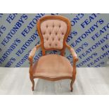 REUPHOLSTERED QUEEN ANNE STYLE BUTTON BACK ARM CHAIR
