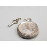 LADIES SILVER HALF HUNTER POCKET WATCH WITH SILVER DIAL AND GOLD PLATED ROMAN NUMERAL HOUR MARKERS