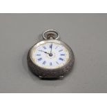 SMALL SILVER FOB WATCH WHITE DIAL WITH BLUE ROMAN NUMERALS BLACK HOUR MARKER ORNATE PATTERN