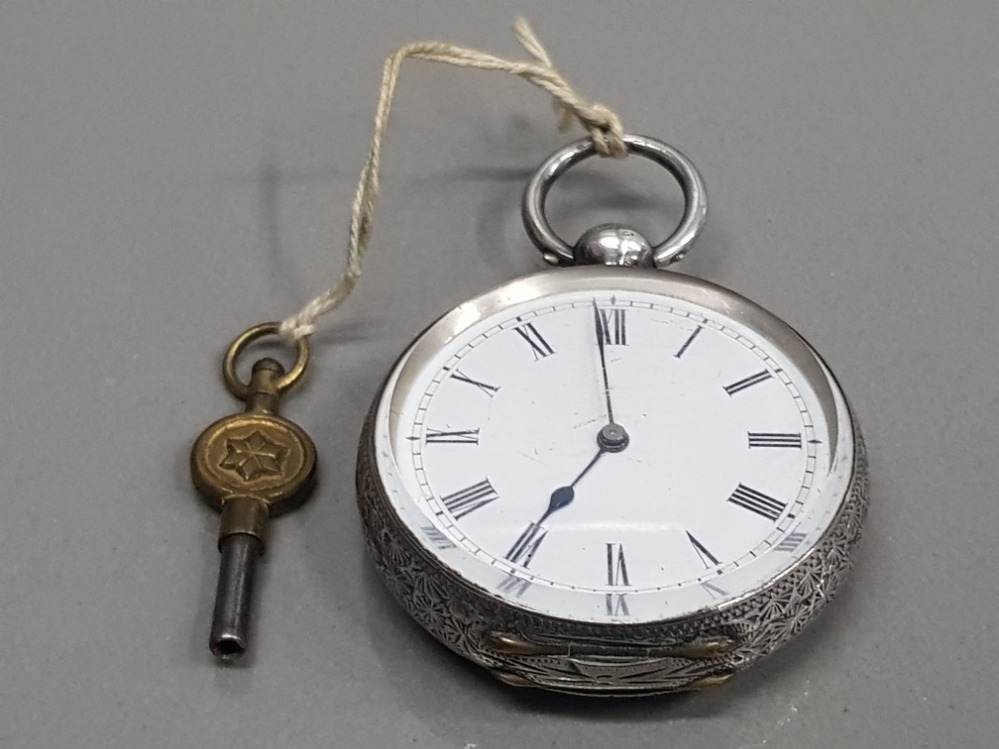 LADIES SILVER HALF HUNTER POCKET WATCH WITH KEY WHITE DIAL WITH BLACK ROMAN NUMERAL HOUR MARKERS