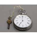 LADIES SILVER HALF HUNTER POCKET WATCH WITH KEY WHITE DIAL WITH BLACK ROMAN NUMERAL HOUR MARKERS