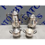 4 PIECE SILVER PLATED VINERS TEA SET WITH TEA AND COFFEE POTS, MILK JUG AND SUGAR BOWL