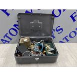 BOX OF ASSORTED COSTUME JEWELLERY INCLUDING LADIES WATCHES & STATEMENT NECKLACES IN GREY LOCKABLE